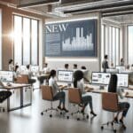 Oficinas modernas con equipos trabajando frente a ordenadores, ambiente colaborativo y pantalla mostrando gráficos digitales.