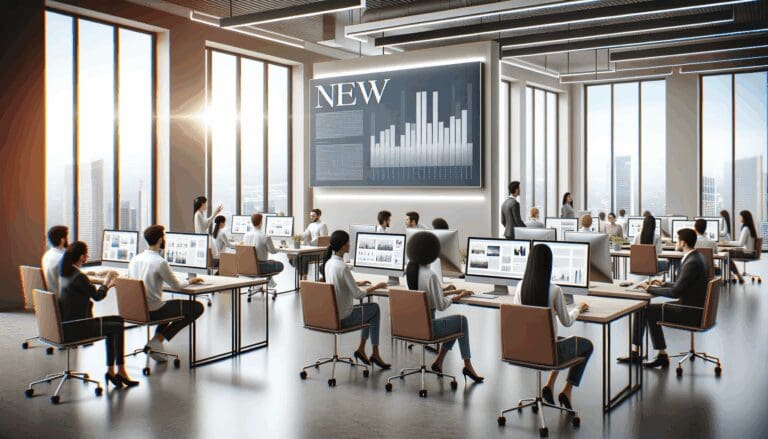 Oficinas modernas con equipos trabajando frente a ordenadores, ambiente colaborativo y pantalla mostrando gráficos digitales.