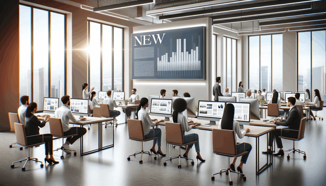 Oficinas modernas con equipos trabajando frente a ordenadores, ambiente colaborativo y pantalla mostrando gráficos digitales.