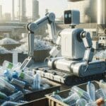 Robot de reciclaje automatizado en funcionamiento, con botellas plásticas apiladas a su alrededor en un entorno urbano moderno.