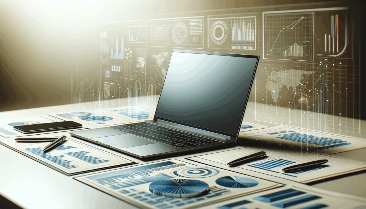 Computadora portátil sobre mesa de trabajo, gráficos de datos y ambiente tecnológico profesional.