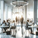 Espacio de coworking moderno con emprendedores colaborando y laptops sobre mesas blancas.