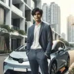 Un joven emprendedor junto a un auto eléctrico limpio en una zona residencial moderna, luz natural y fondo urbano.