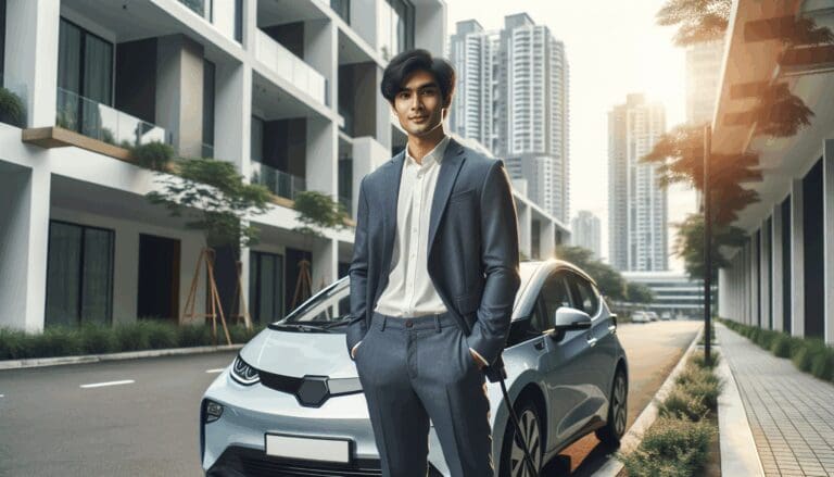 Un joven emprendedor junto a un auto eléctrico limpio en una zona residencial moderna, luz natural y fondo urbano.