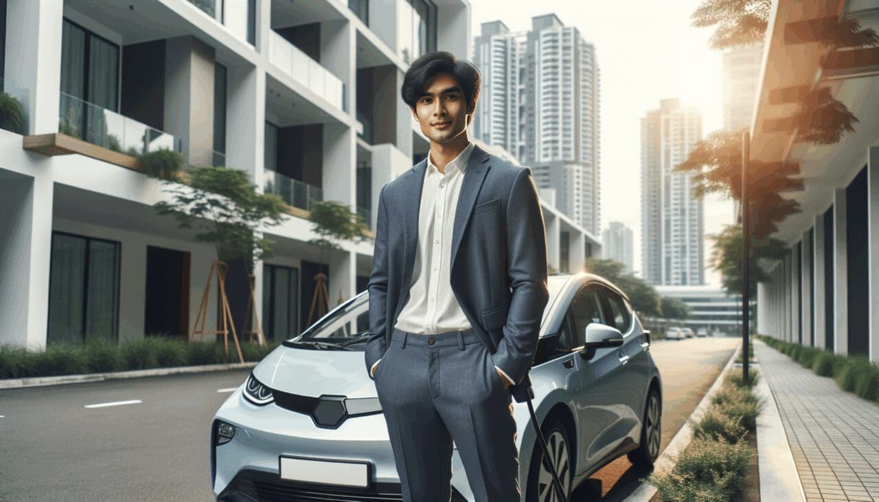 Un joven emprendedor junto a un auto eléctrico limpio en una zona residencial moderna, luz natural y fondo urbano.