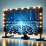 Primer plano de una pantalla con código binario y luces LED, reflejando innovación tecnológica en un fondo azul neutro.