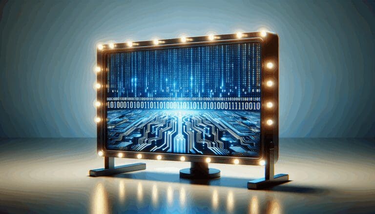 Primer plano de una pantalla con código binario y luces LED, reflejando innovación tecnológica en un fondo azul neutro.