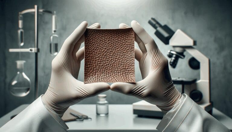 Primer plano de manos sosteniendo una lámina de biomaterial similar al cuero, sobre fondo neutro y entorno de laboratorio.