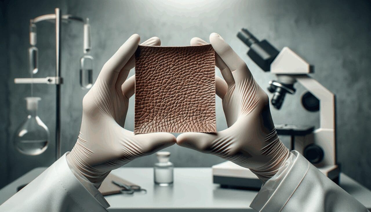 Primer plano de manos sosteniendo una lámina de biomaterial similar al cuero, sobre fondo neutro y entorno de laboratorio.