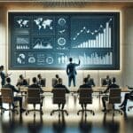 Sala de reuniones moderna con líderes empresariales analizando gráficos tecnológicos en una pantalla grande.