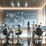 Oficina moderna con emprendedores colaborando frente a pantallas digitales, ambiente tech.