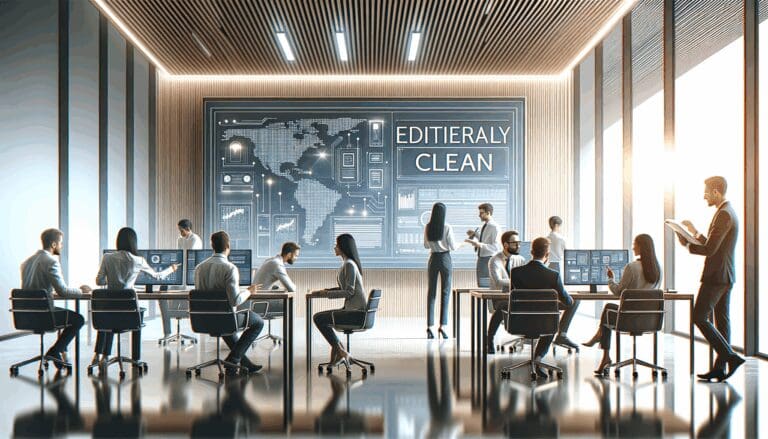 Oficina moderna con emprendedores colaborando frente a pantallas digitales, ambiente tech.