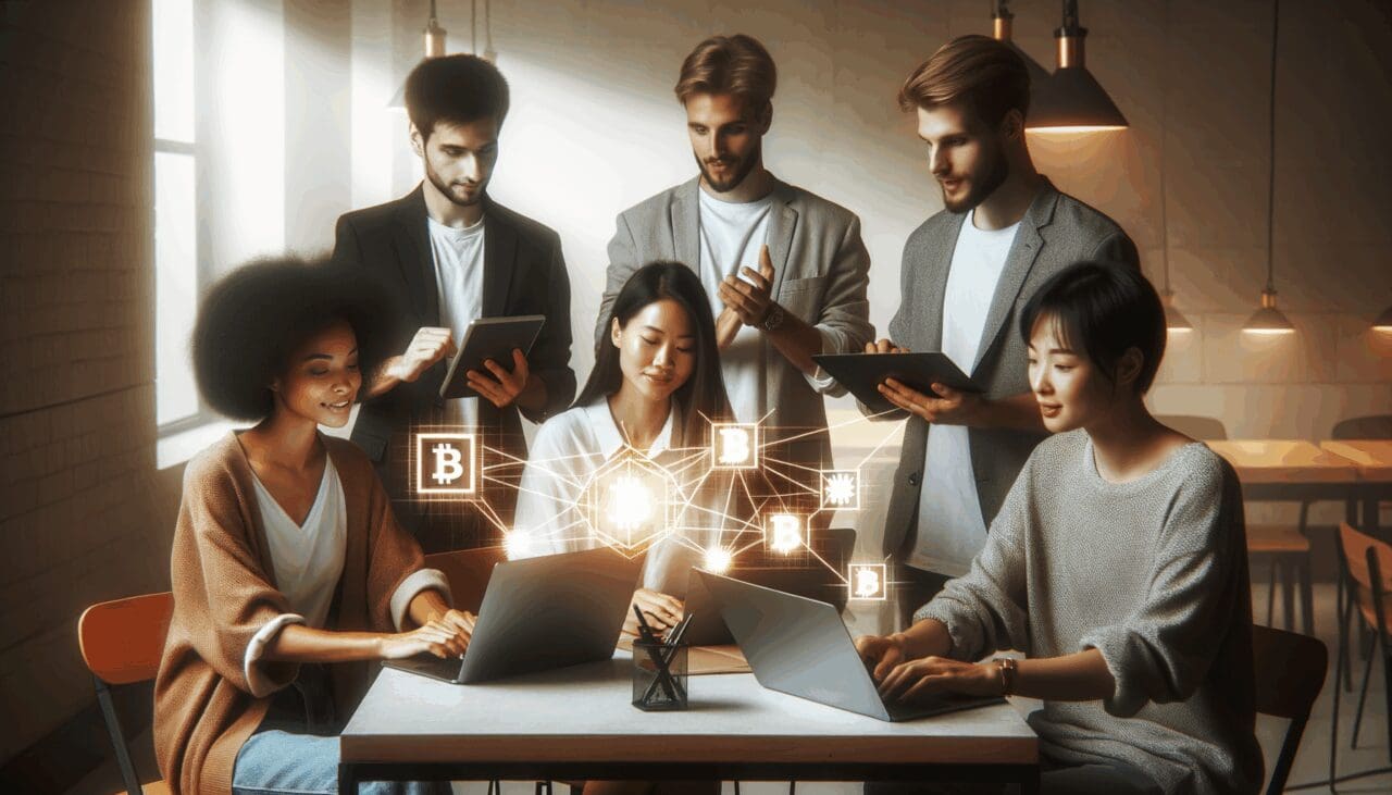 Grupo diverso de jóvenes emprendedores reunidos en una sala moderna con laptops, conversando sobre tecnología blockchain.