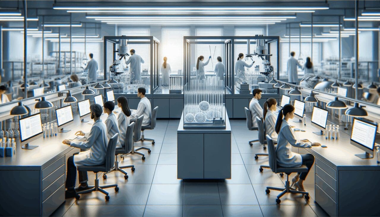 Primer plano de laboratorio biotecnológico moderno con científicos trabajando y equipos de alta tecnología.