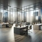 Oficinas modernas en una ciudad con skyline urbano al fondo.