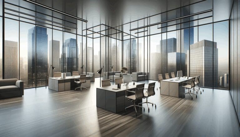 Oficinas modernas en una ciudad con skyline urbano al fondo.