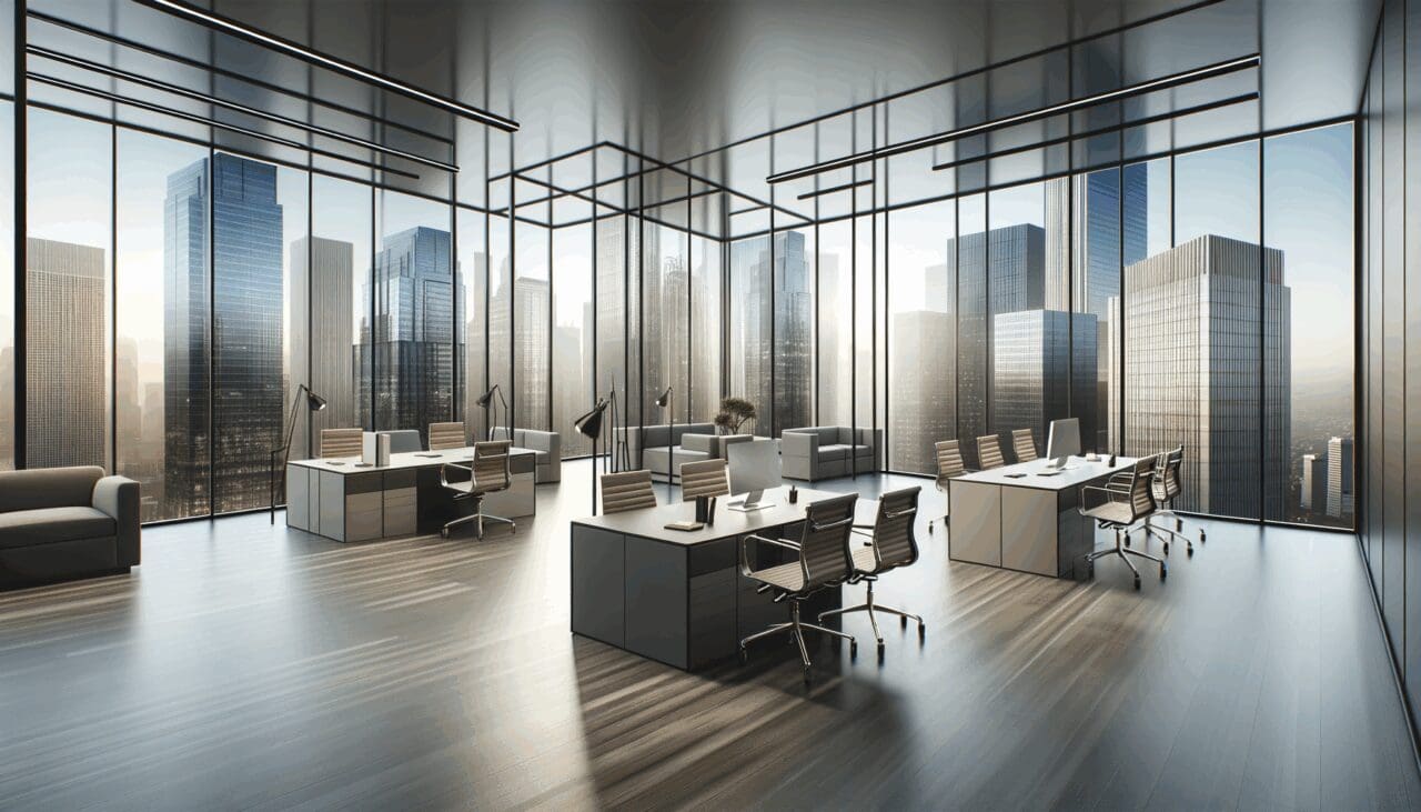 Oficinas modernas en una ciudad con skyline urbano al fondo.