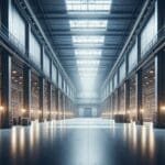 Fotografía editorial de una fábrica tecnológica moderna y vacía con luces tenues.