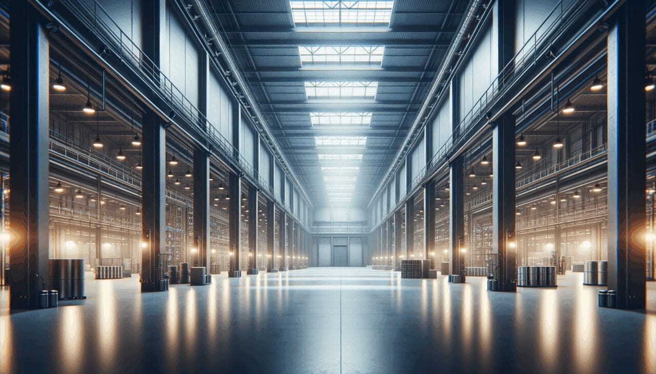 Fotografía editorial de una fábrica tecnológica moderna y vacía con luces tenues.