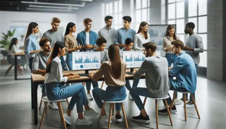 Grupo de jóvenes en coworking moderno colaborando frente a pantallas con gráficos digitales.