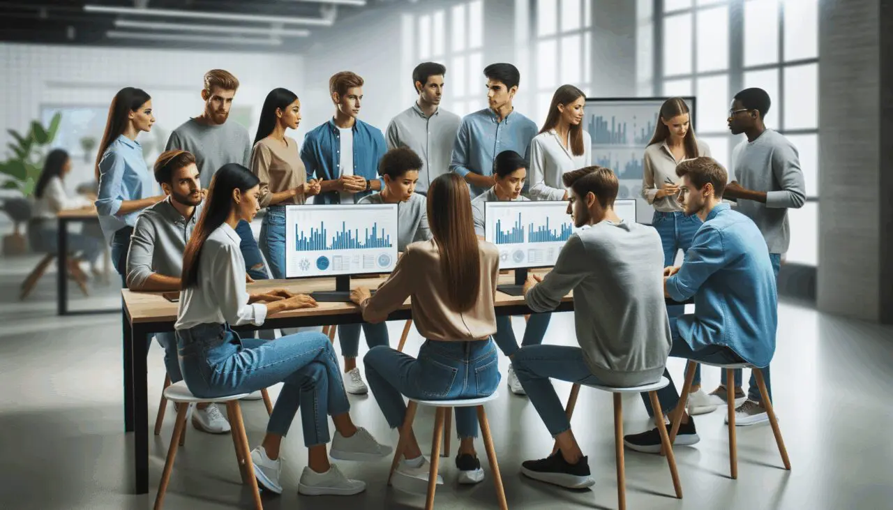 Grupo de jóvenes en coworking moderno colaborando frente a pantallas con gráficos digitales.
