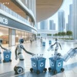 Robots interactivos recolectando botellas de plástico en un centro comercial moderno, fondo urbano luminoso.