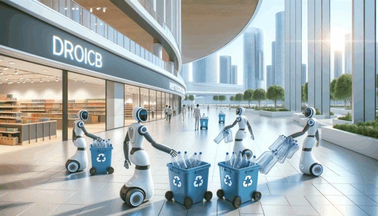 Robots interactivos recolectando botellas de plástico en un centro comercial moderno, fondo urbano luminoso.