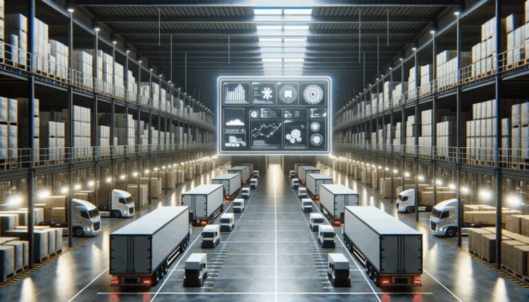 Fotografía de un almacén moderno con camiones y pantallas digitales de logística.