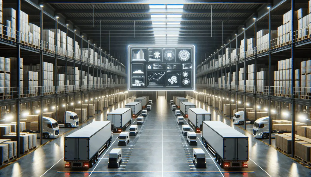 Fotografía de un almacén moderno con camiones y pantallas digitales de logística.