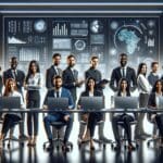 Equipo tecnológico colaborando frente a pantallas con gráficos futuristas en una oficina moderna