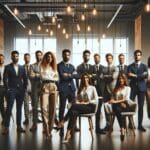 Grupo de emprendedores reunidos en un moderno centro de innovación junto a ejecutivos latinoamericanos.