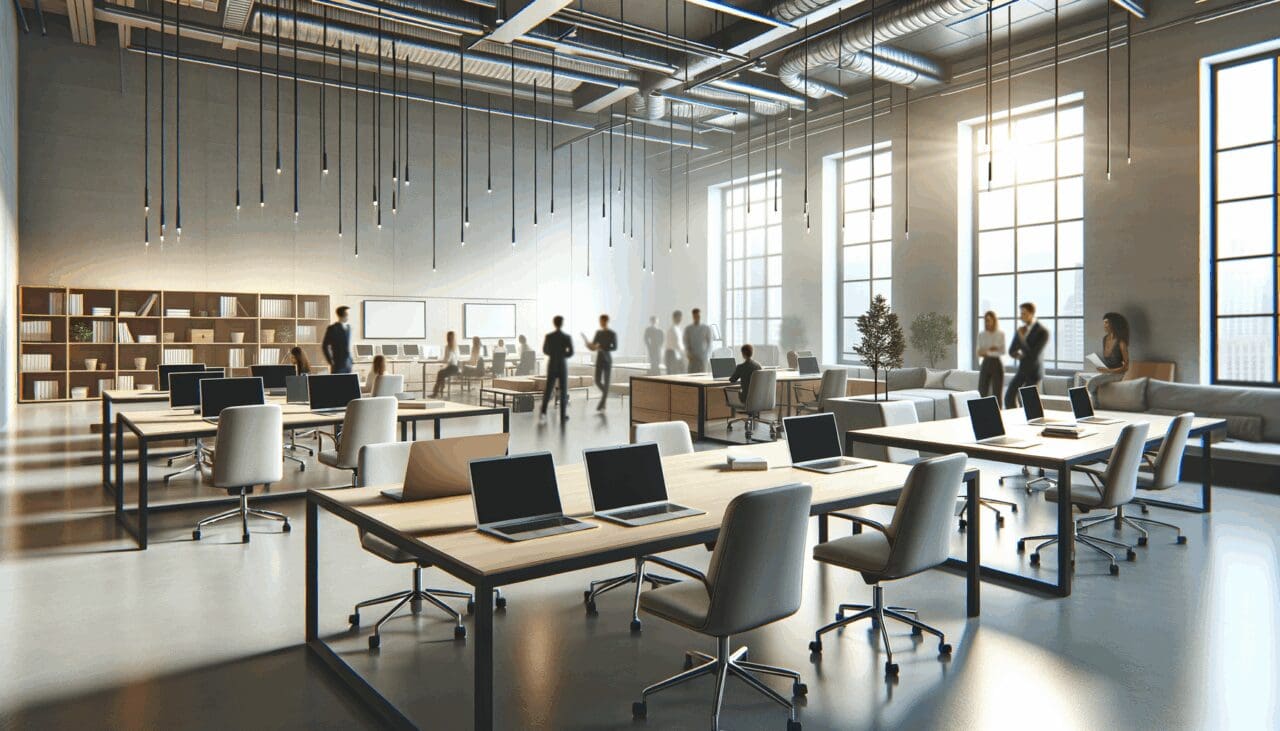 Oficina moderna de startup con ambiente colaborativo y computadoras portátiles sobre mesas compartidas.