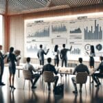 Ilustración digital de emprendedores revisando gráficos de seguridad financiera en una sala de reuniones moderna.