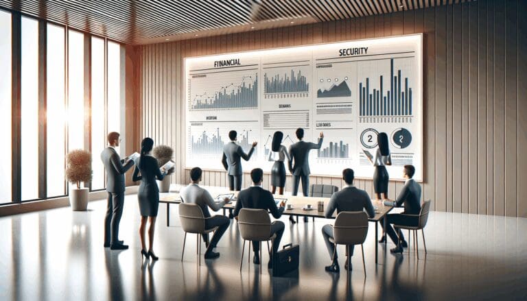 Ilustración digital de emprendedores revisando gráficos de seguridad financiera en una sala de reuniones moderna.