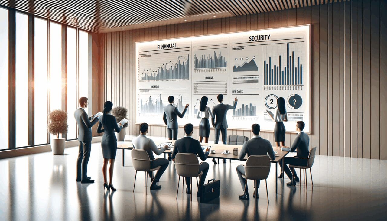 Ilustración digital de emprendedores revisando gráficos de seguridad financiera en una sala de reuniones moderna.