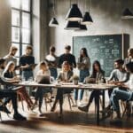 Grupo de jóvenes emprendedores discutiendo ideas en un espacio moderno con pizarras y dispositivos tecnológicos.