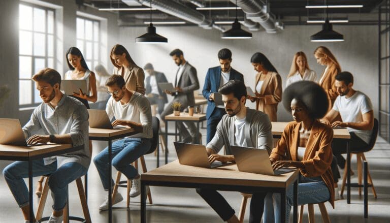 Equipo diverso de emprendedores trabajando en laptops en un espace de coworking tecnológico moderno.