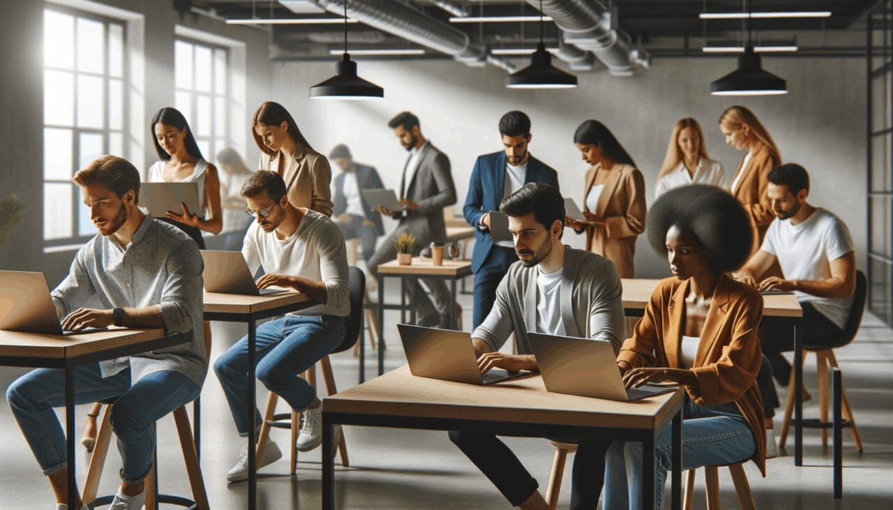Equipo diverso de emprendedores trabajando en laptops en un espace de coworking tecnológico moderno.