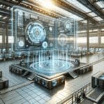 Representación digital de un gemelo digital industrial con pantallas futuristas y ambiente tecnológico.
