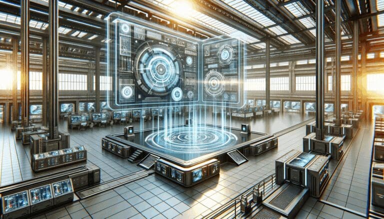 Representación digital de un gemelo digital industrial con pantallas futuristas y ambiente tecnológico.