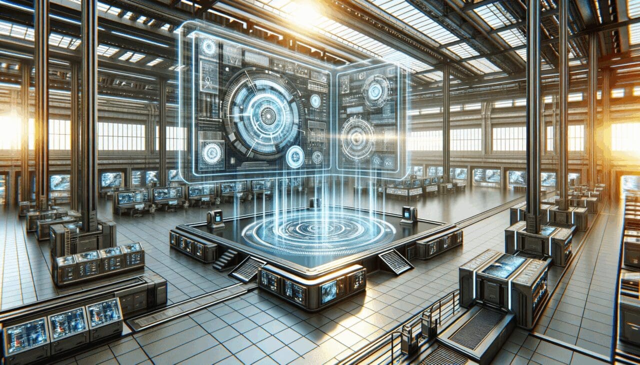 Representación digital de un gemelo digital industrial con pantallas futuristas y ambiente tecnológico.