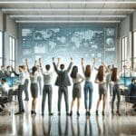 Equipo de emprendedores celebrando en una oficina moderna con pantallas digitales.