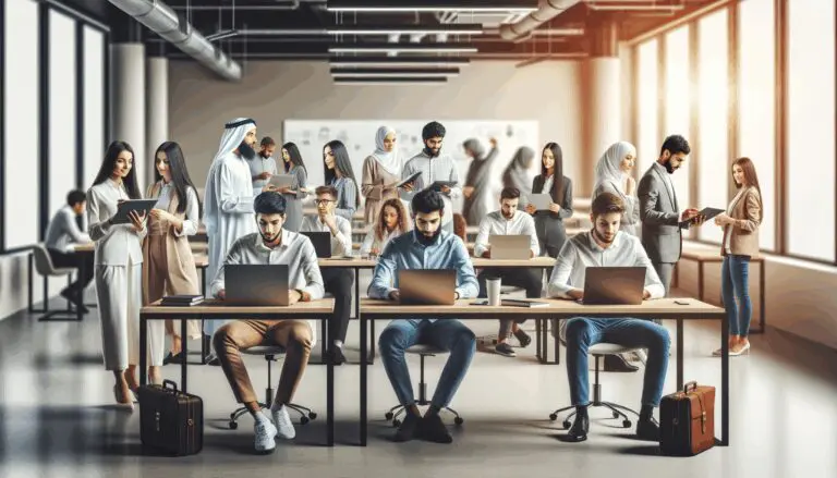 Espacio de coworking moderno con jóvenes emprendedores usando computadoras portátiles y pizarras digitales.