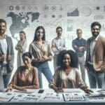 Equipo diverso de emprendedores trabajando en un entorno moderno y tecnológico, rodeados de computadoras y pizarras con gráficos.