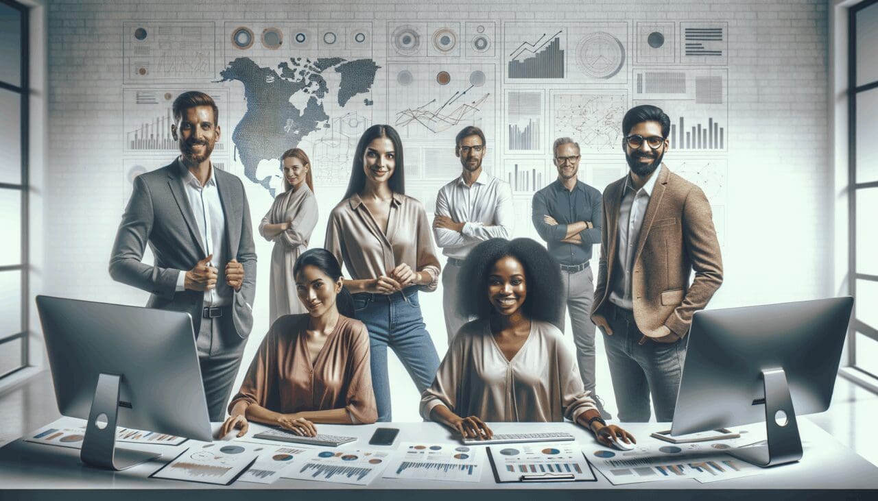 Equipo diverso de emprendedores trabajando en un entorno moderno y tecnológico, rodeados de computadoras y pizarras con gráficos.
