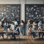 Dos equipos diversos debatiendo estrategias frente a pizarras en un espacio moderno de coworking.