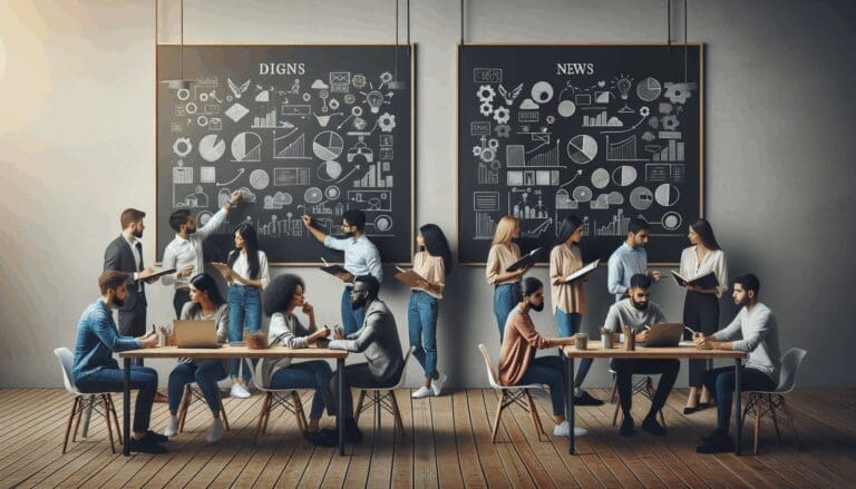 Dos equipos diversos debatiendo estrategias frente a pizarras en un espacio moderno de coworking.