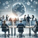 Oficina tecnológica moderna con emprendedores colaborando en computadoras y pantallas, ambiente innovador.