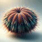 Primer plano de un erizo de mar en un entorno marino natural, resaltando su textura y colores vivos.