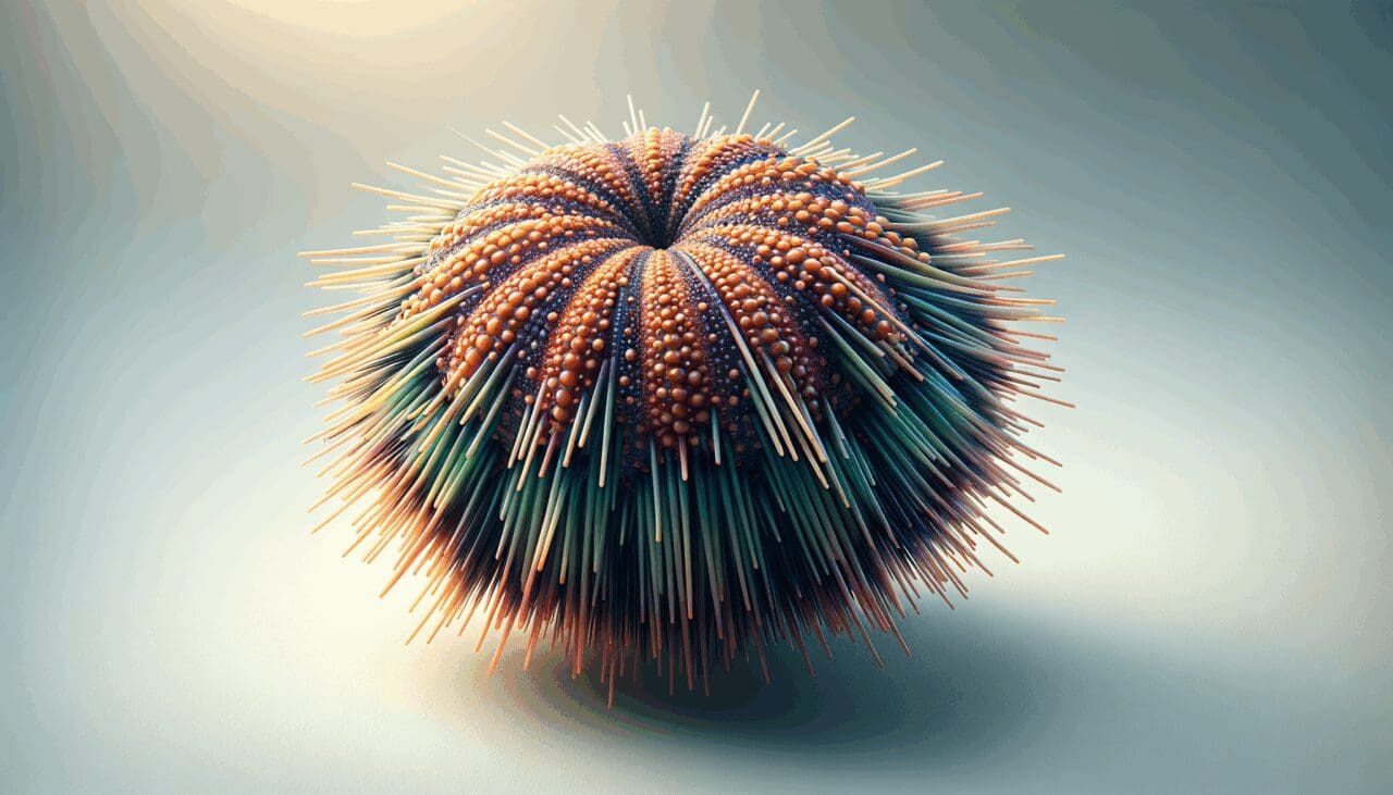 Primer plano de un erizo de mar en un entorno marino natural, resaltando su textura y colores vivos.